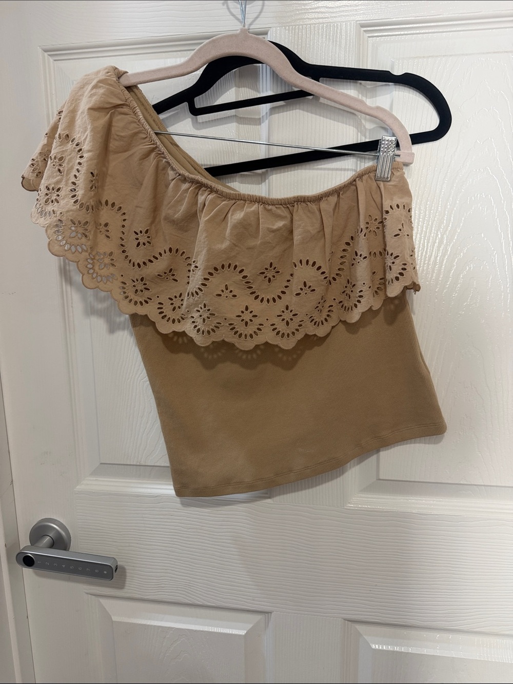 Old Navy One-Shoulder Eyelet Ruffle Crop Top — Tan